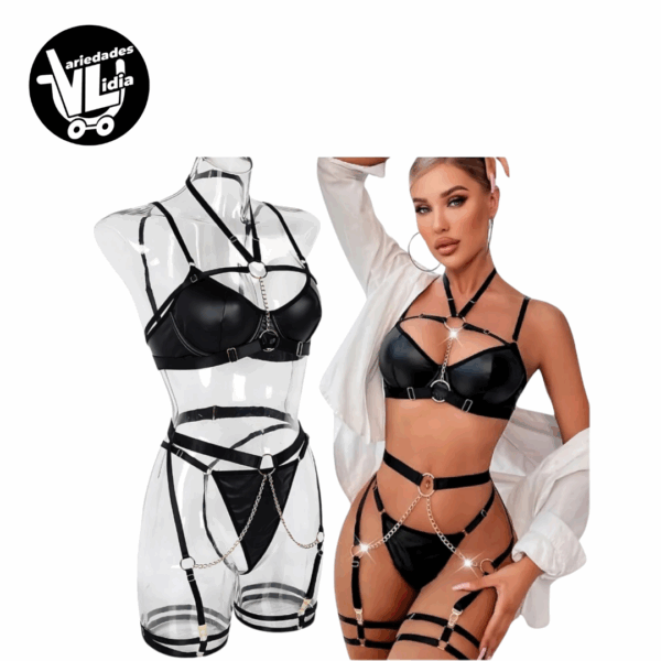 Conjunto de ropa interior sexy para mujer con tirantes y cadenas, tanga, color negro